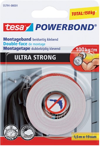 Plakband dubbelzijdig Tesa 19mmx1,5m ultra montage 100kg