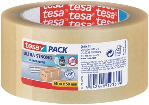 Verpakkingstape Tesa 50mmx66m 57176 transparant ultra sterk PVC