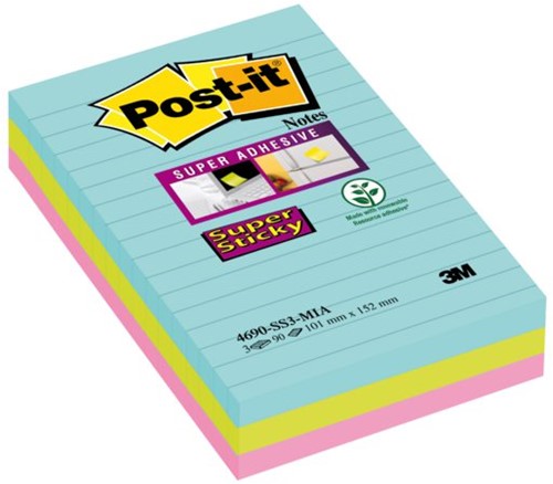 Post-it memoblokje 101x152mm 4690 Super Sticky Miami pk/3