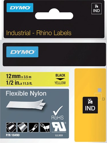 Dymotape Rhino Flexibel nylon 12mm zwart op geel 18490