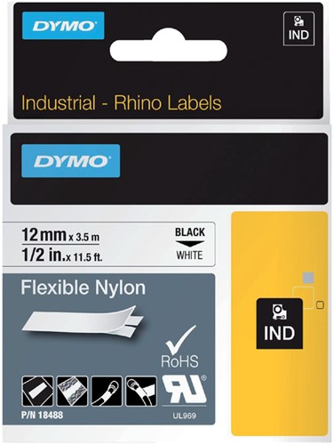 Dymotape Rhino Flexibel nylon 12mm zwart op wit 18488