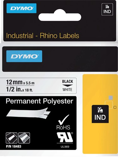 Dymotape Rhino Permanent polyester 12mmx5,5m zwart op wit 18483
