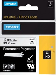 Dymotape Rhino Permanent polyester 19mmx5,5m  zwart op wit 18484