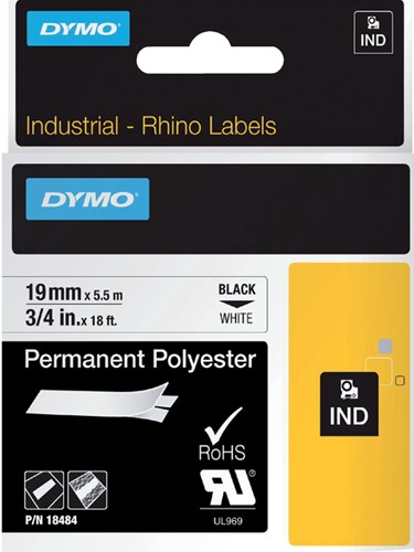 Dymotape Rhino Permanent polyester 19mmx5,5m  zwart op wit 18484