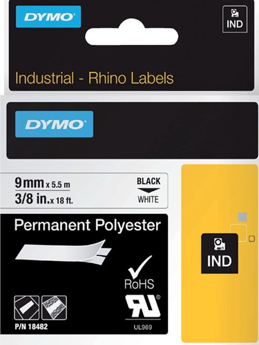 Dymotape Rhino Permanent polyester  9mmx5,5m zwart op wit 18482