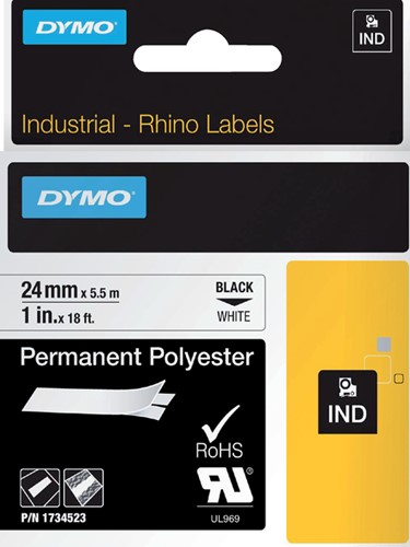 Dymotape Rhino Permanent polyester 24mmx5,5m zwart op wit 1734523