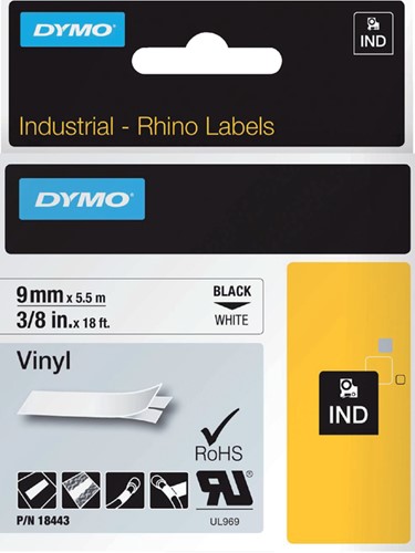 Dymotape Rhino Vinyl  9mm zwart op wit 18443