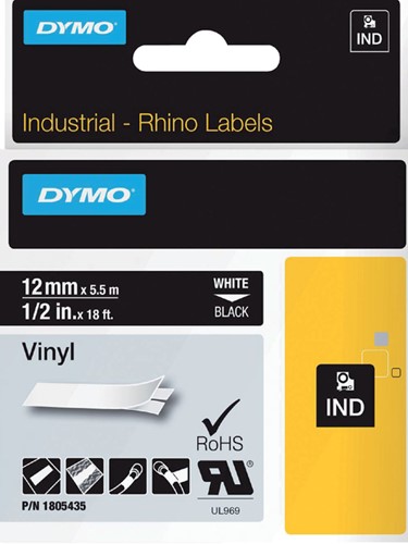 Dymotape Rhino Vinyl 12mm wit op zwart 1805435