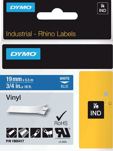 Dymotape Rhino Vinyl 19mm wit op blauw 1805417