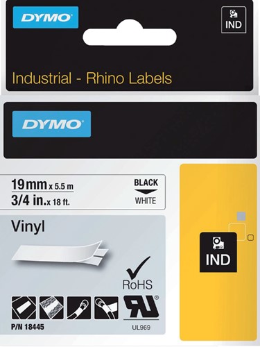 Dymotape Rhino Vinyl 19mm zwart op wit 18445