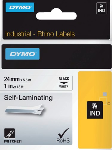 Dymotape Rhino zelflaminerende tape 24mm zwart op wit 1734821