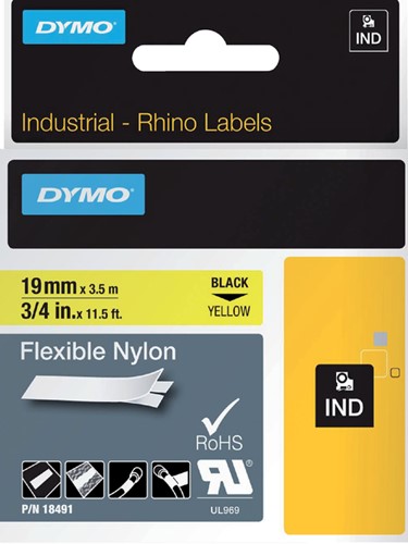 Dymotape Rhino Flexibel nylon 19mm zwart op geel 18491