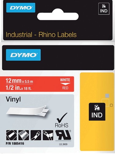 Dymotape Rhino Vinyl 12mm wit op rood 1805416