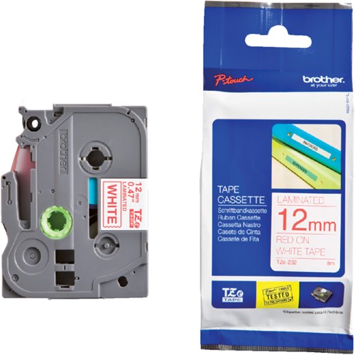 Brothertape TZE-232 12mm rood op wit 