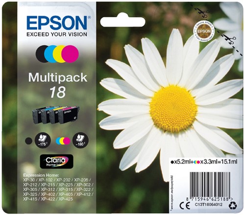 Inkcartridge Epson T1806 18 zwart + 3 kleuren