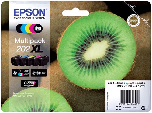 Inkcartridge Epson T02G74 202XL zwart + 3 kleuren + foto zwart