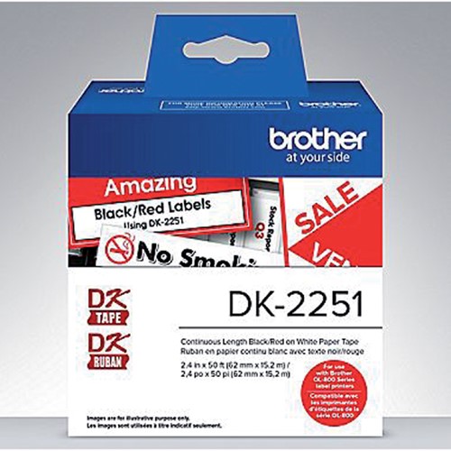 Etiket Brother  62mmx15.24m continue lengte zwart/rood DK-22251