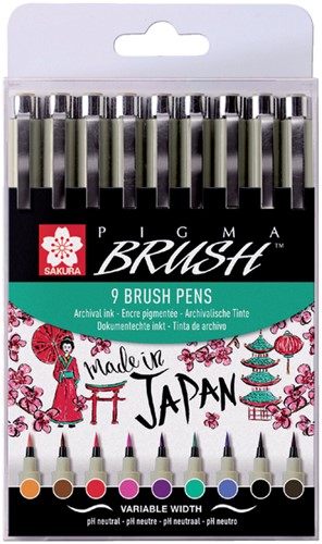 Brushpen Sakura Pigma assorti etui/9