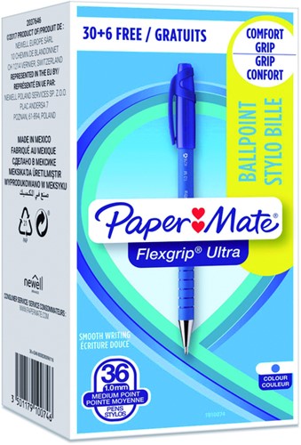Balpen Paper Mate flexgrip M knop blauw valuepack ds/36-2