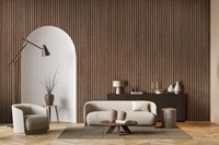 Akoestische lattenwand van PET-vilt in houtlook 
