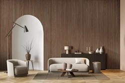 Akoestische lattenwand van PET-vilt in houtlook 