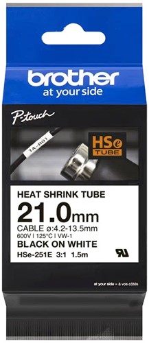 Brother lettertape HSE-251e 21mm zwart op wit krimpkous
