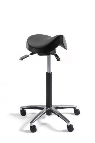 Zadelkruk 7437 met ergonomische PU zitting, voetkruis aluminium gepolijst