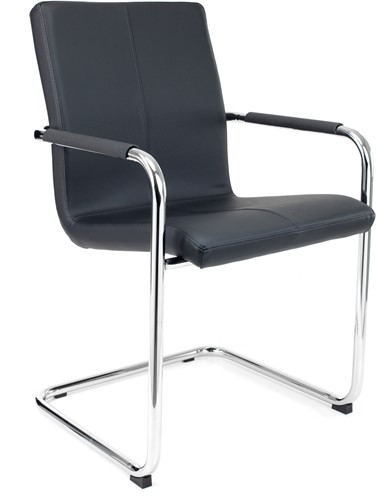 Ontvangststoel DEKAS model 036, sledeframe verchroomd, kuip zwart leder