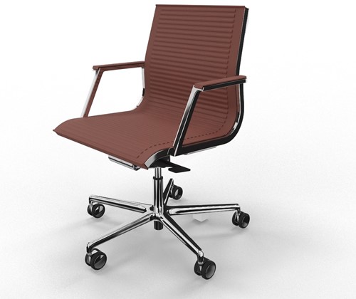 Bureaustoel LUXY model Nulite thin-pad met medium hoge rugleuning, lineaire thermotechniek lederen bekleding bruin TP908, verchroomde wielen