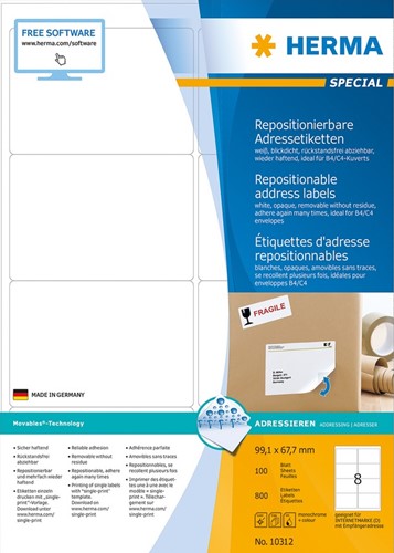 Etiket A4  99,1x 67,7mm Herma 10312 afneembaar ds/800