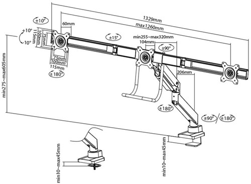 Monitorarm Neomounts D775DX3 t.b.v. 3 monitoren 17-27" zwart-3