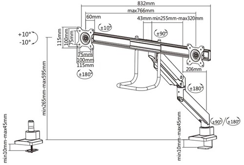 Monitorarm Neomounts D775DX t.b.v. 2 monitoren 10-32" zwart-3