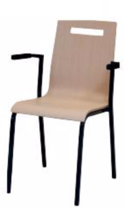 Stoel Oscar 4-poots, vierkant 20x20mm metalen frame, houten kuip, stapelbaar, met armleggers, in diverse uitvoeringen