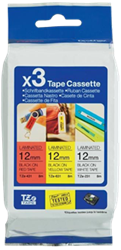 Brothertape TZE-31M3 12mm zwart op rood, wit, geel