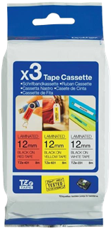 Brothertape TZE-31M3 12mm zwart op rood, wit, geel