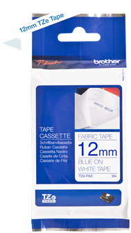 Brothertape TZE-FA3 12mm blauw op textiel wit