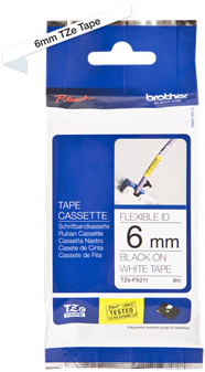 Brothertape TZE-FX211  6mm zwart op wit flexibel