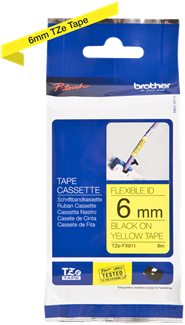 Brothertape TZE-FX611  6mm zwart op geel flexibel