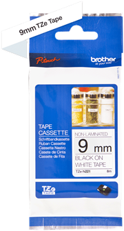 Brothertape TZE-N221  9mm zwart op wit niet gelamineerd