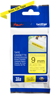 Brothertape TZE-S621  9mm zwart op geel extra klevend